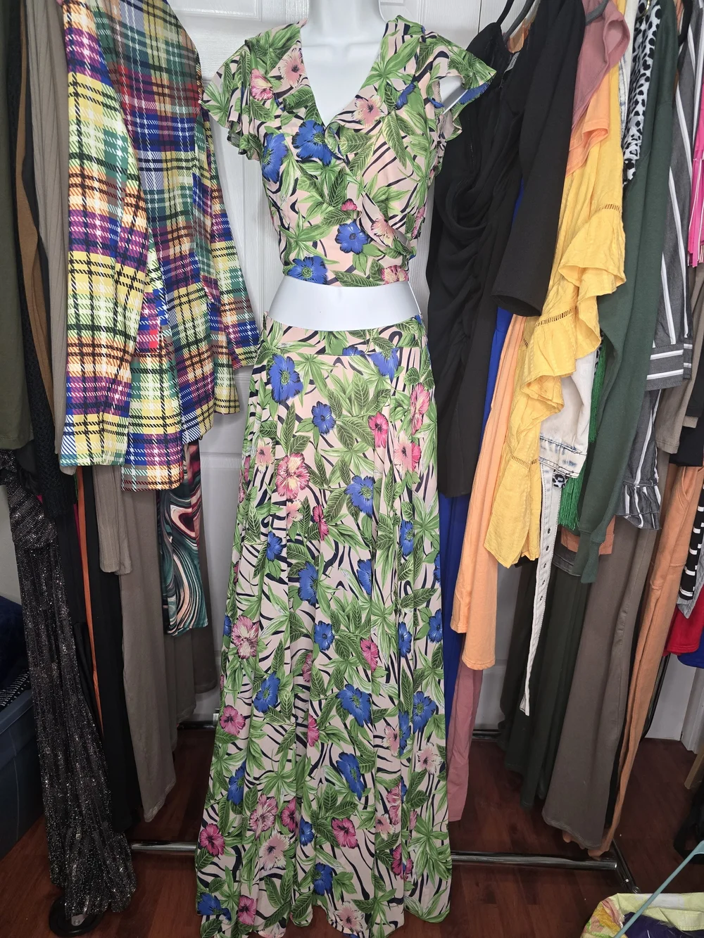 Floral Maxi Skirt Set in Green and Pink